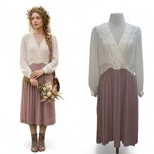 Vintage 80s Victorian Revival Prairie Cream Pleated Shift Dress Sz Large Prairie